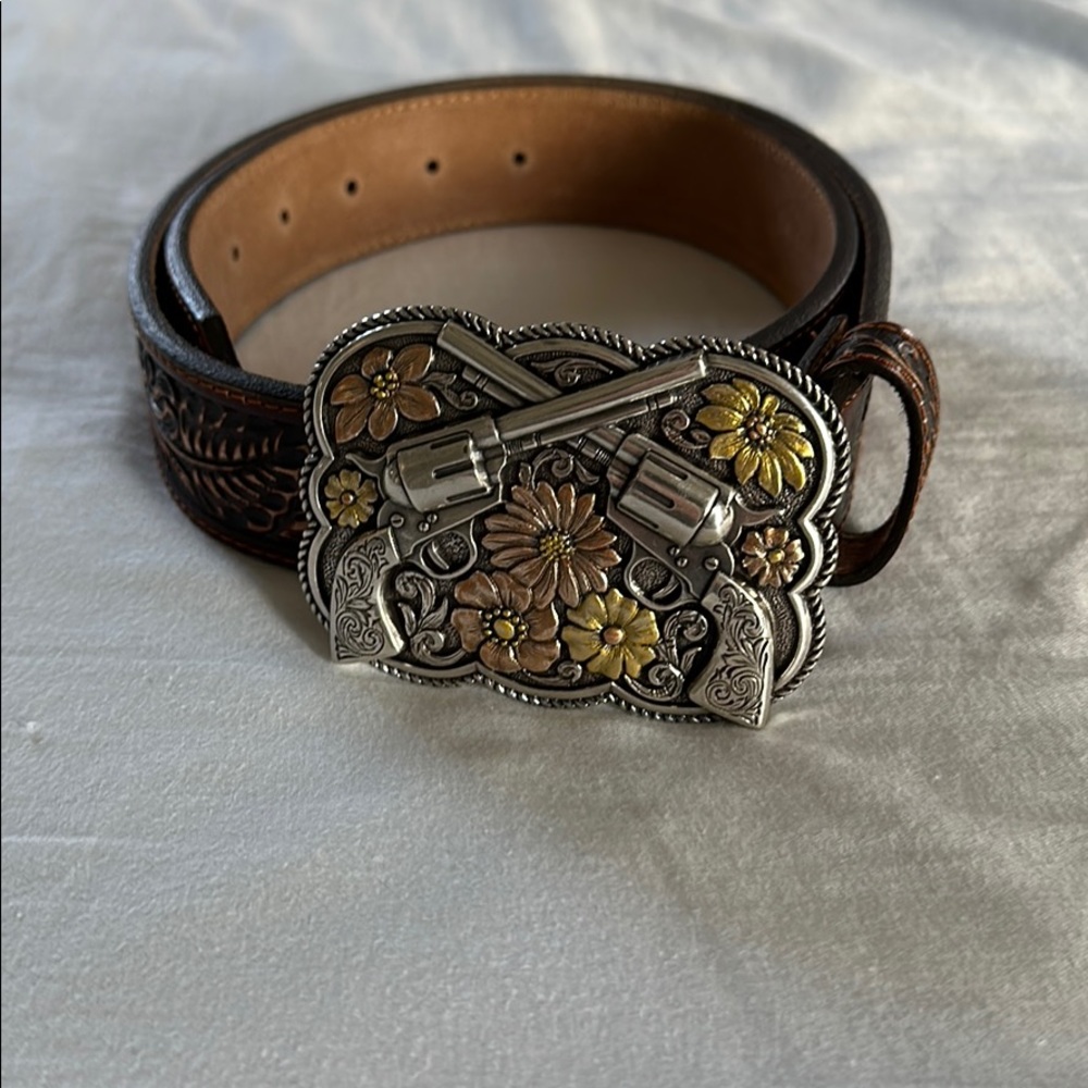 Tony lama bandit queen floral brown leather belt